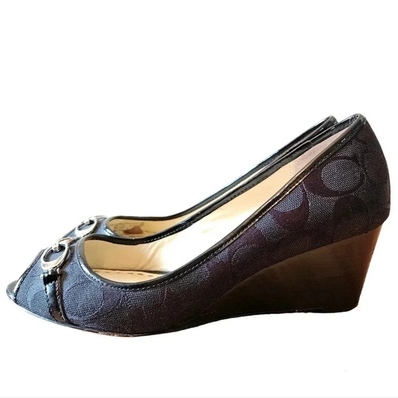 Coach Monogram Wedge Canvas  Black Heel Shoes Size 8 Black. - Picture 6 of 12